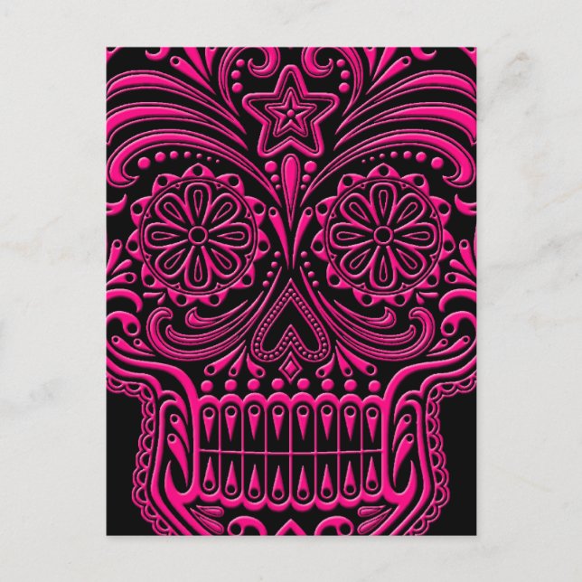 Intricate Rosa Sugar Skull på svart Vykort (Framsida)