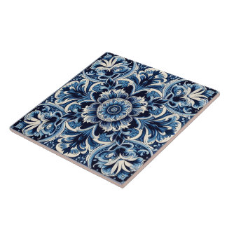 Intricate Rustic Indigo Blue Azulejo Tile Design Kakelplatta