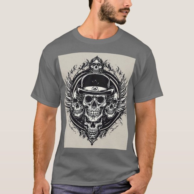 Intricate Skull-design med Vingar och symboler T Shirt (Framsida)