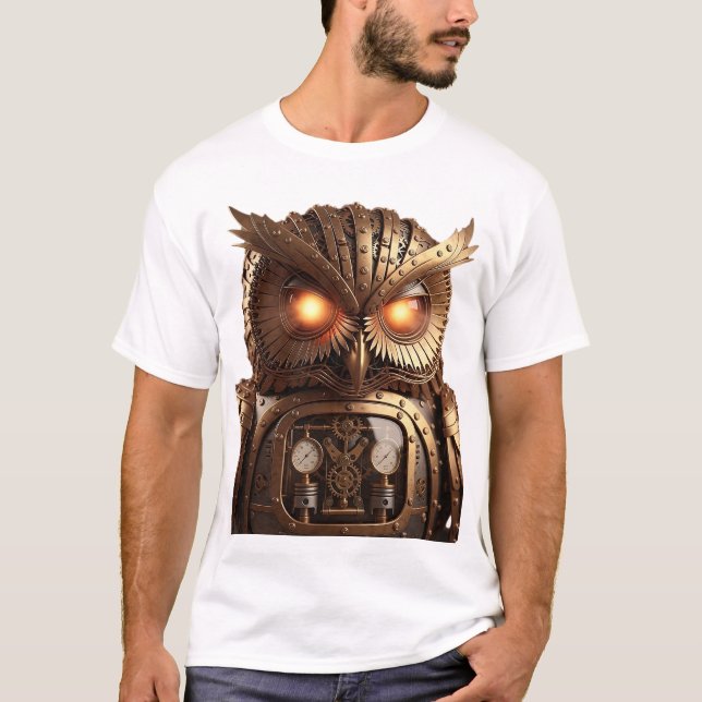 Intricate Steampunk Owl Automaton with Glowing Eye T Shirt (Framsida)