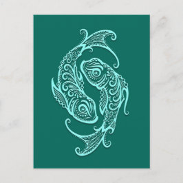 Intricate Teal Blue Pisces Zodiac Vykort