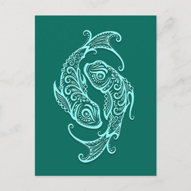 Intricate Teal Blue Pisces Zodiac Vykort (Framsida)