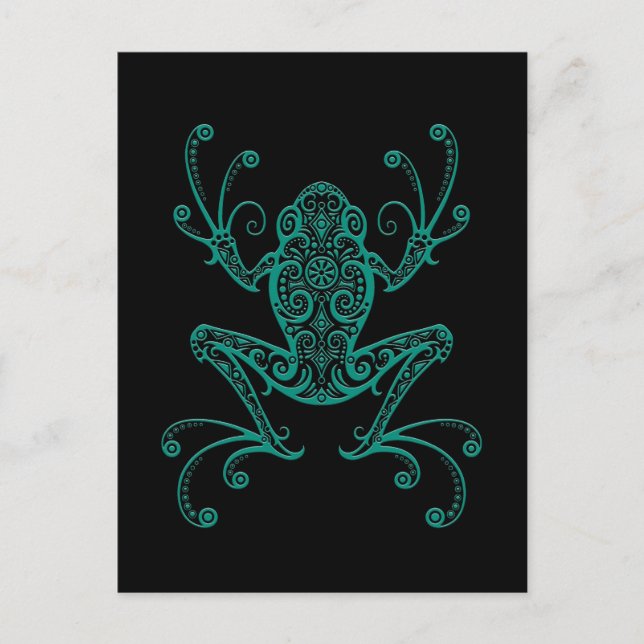 Intricate Teal Blue Träd Frog på Black Vykort (Framsida)