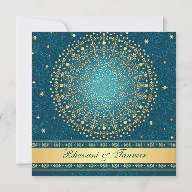 Intricate Teal, Guld Scrollss Stars Wedding bjudan Inbjudningar (Framsida)