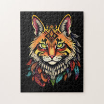 Intricate Tribal Cat Puzzle med färgstarka fjädrar