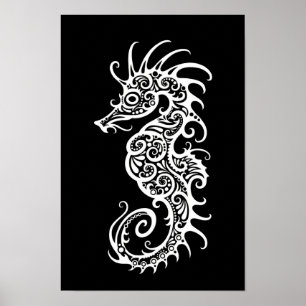 Intricate White Seahorse Design på Black Poster