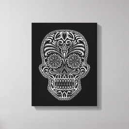 Intricate White Sugar Skull på svart Canvastryck