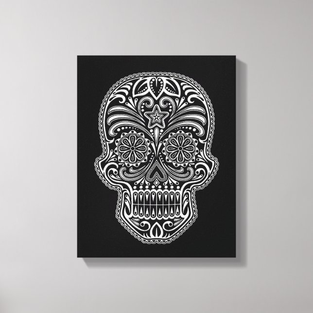 Intricate White Sugar Skull på svart Canvastryck (Framsida)