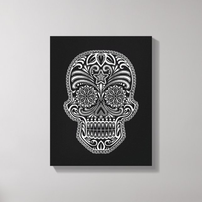 Intricate White Sugar Skull på svart Canvastryck (Framsida)