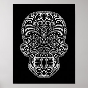 Intricate White Sugar Skull på svart Poster