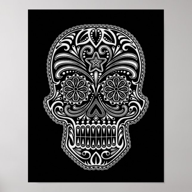 Intricate White Sugar Skull på svart Poster (Framsidan)