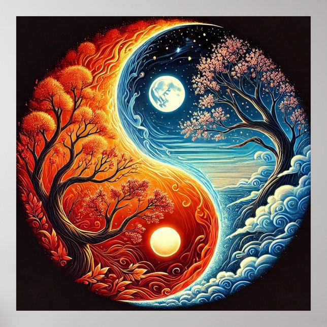 Intricate Yin-Yang Symbol Showcasing Fire, Vatten Poster (Framsidan)
