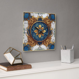 Intrikå Blommigt design i blått och Guld Fyrkantig Klocka
