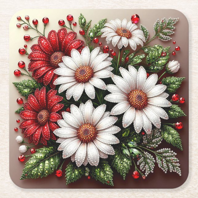 Intrikat ädelstensprydd blomdesign underlägg papper kvadrat (Framsidan)