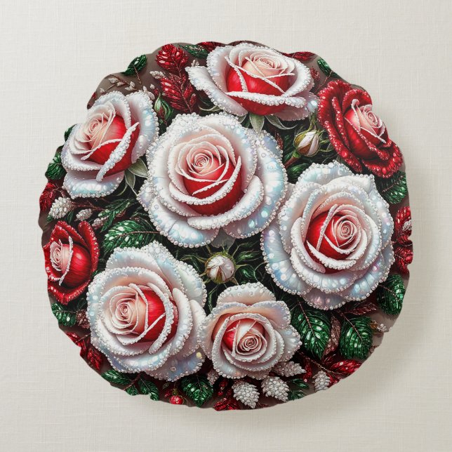 Intrikat ädelstensprydd blomsterdesign rund kudde (Framsidan)