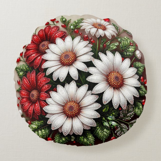 Intrikat ädelstensprydd blomsterdesign rund kudde (Framsidan)
