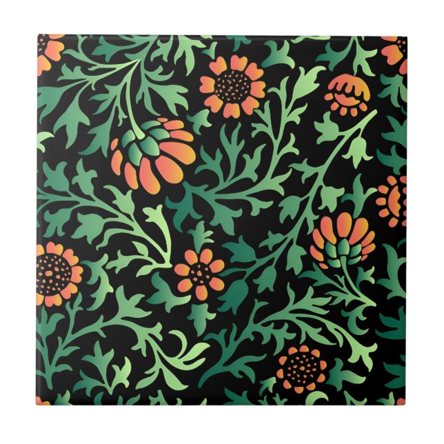 Intrikat blomster Mönster med gröna blad Kakelplatta (Framsidan)
