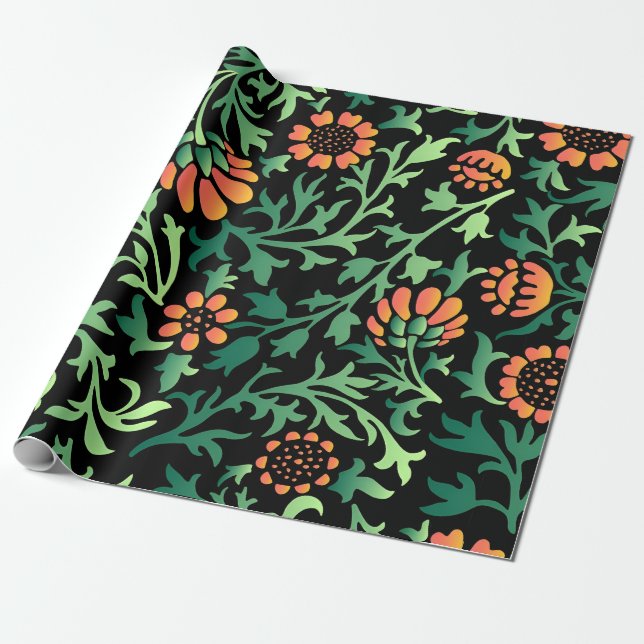 Intrikat blomster Mönster med gröna blad Presentpapper (Utrullad)