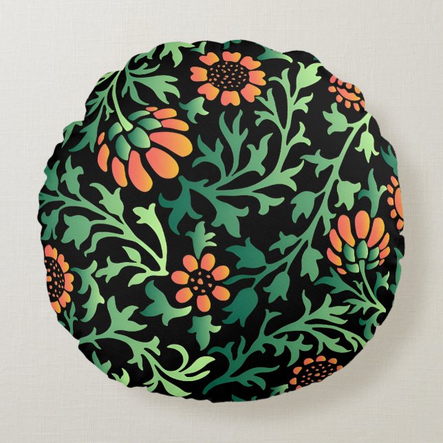 Intrikat blomster Mönster med gröna blad Rund Kudde (Framsidan)