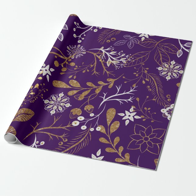 Intrikat blomster Mönster med guld och vitt  Presentpapper (Utrullad)
