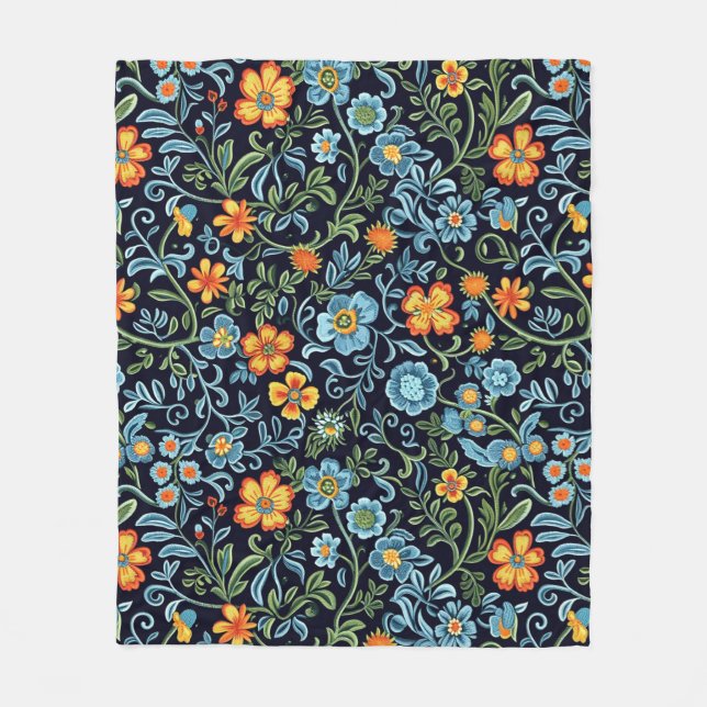 Intrikat blomsterkonst: Blå och orange blommor  Fleecefilt (Framsidan)