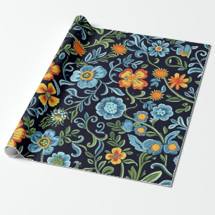 Intrikat blomsterkonst: Blå och orange blommor Presentpapper