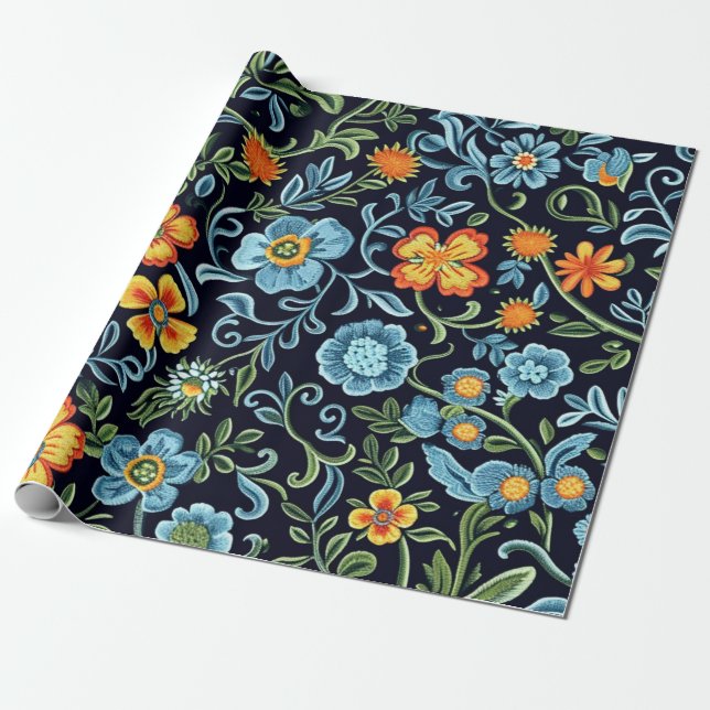 Intrikat blomsterkonst: Blå och orange blommor  Presentpapper (Utrullad)