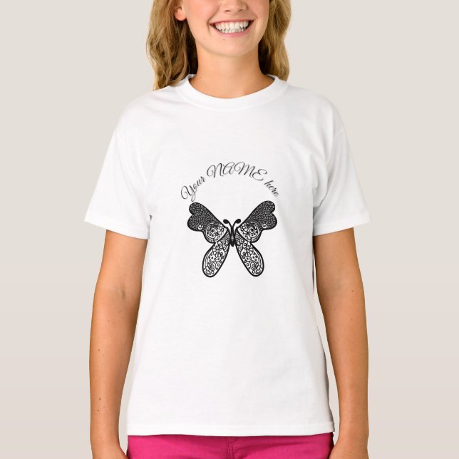 Intrikat Boho Mandala Fjäril Svart och Vitt A T Shirt (Framsida)