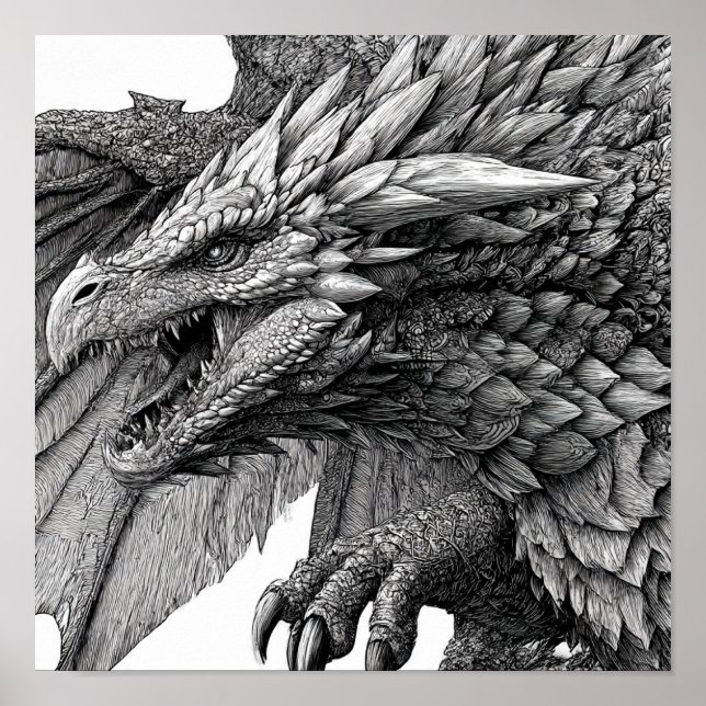 Intrikat fantasillustration: Detaljerad drake Poster (Framsidan)