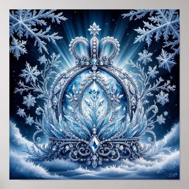 Intrikat Frosttäckt Krona Med Glittrande Ädelstena Poster (Framsidan)