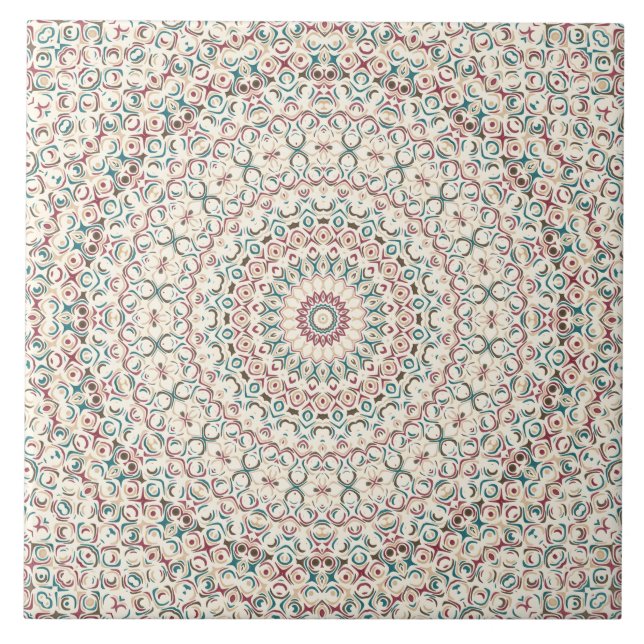 Intrikat geometrisk mandala i turkos, rosa och san kakelplatta (Framsidan)