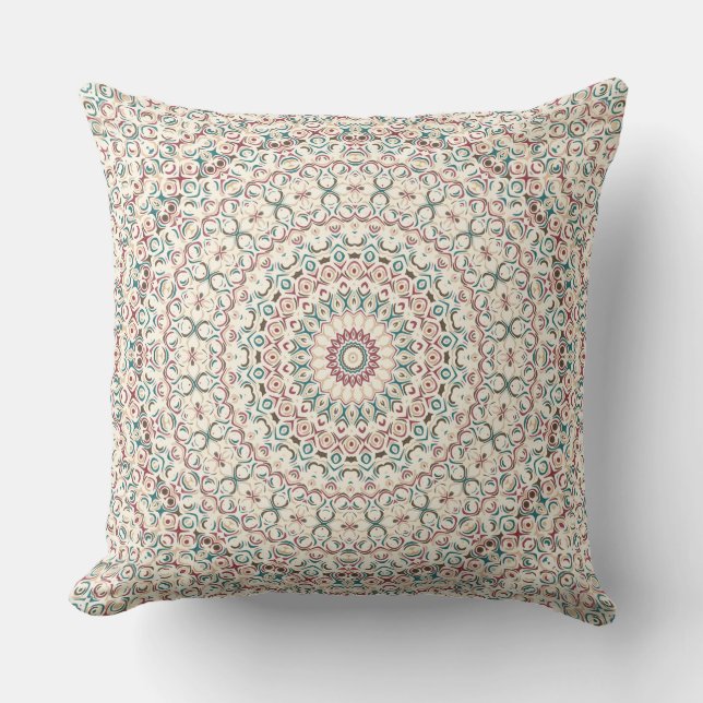 Intrikat geometrisk mandala i turkos, rosa och san kudde (Framsida)