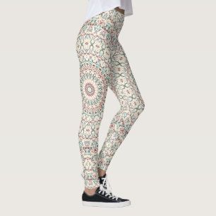 Intrikat geometrisk mandala i turkos, rosa och san leggings