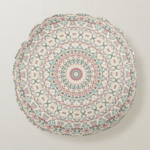 Intrikat geometrisk mandala i turkos, rosa och san rund kudde
