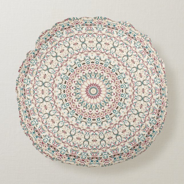 Intrikat geometrisk mandala i turkos, rosa och san rund kudde (Framsidan)