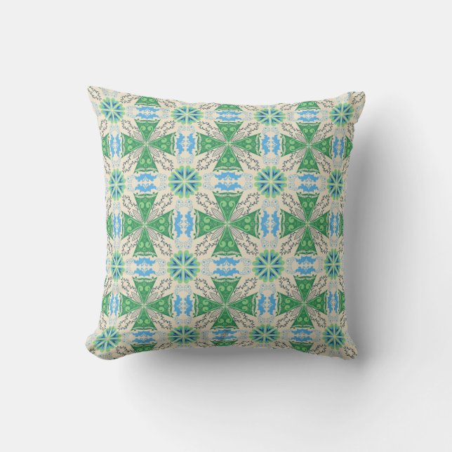 Intrikat geometriskt mönster med grönt och beige kudde (Framsida)