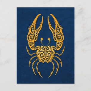 Intrikat gul cancer zodiak på blå vykort
