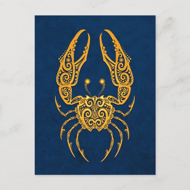 Intrikat gul cancer zodiak på blå vykort (Framsida)