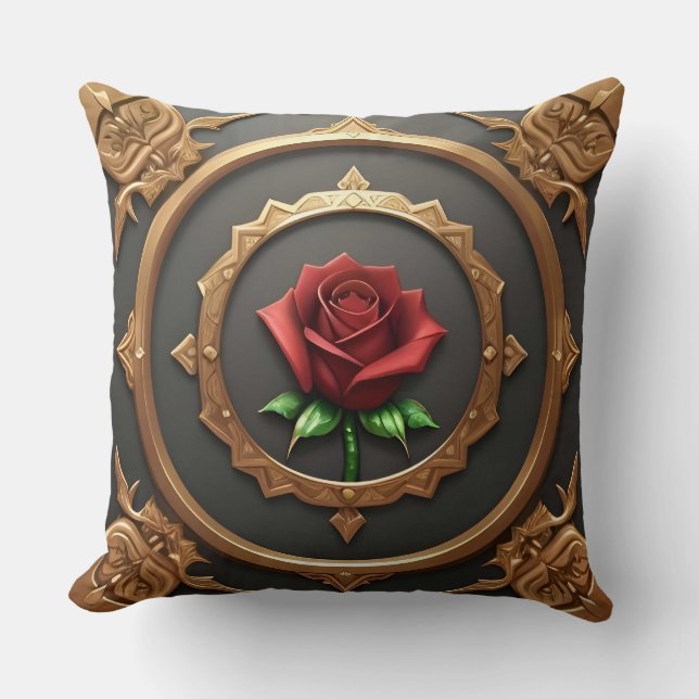 Intrikat guldram med röd ros kudde (Framsida)