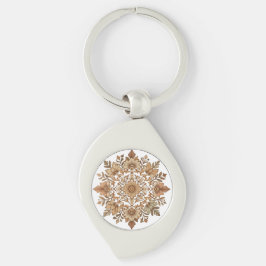 Intrikat Mandala Blommotiv i Bruna Nyanser Konst Swirl Silverfärgad Nyckelring