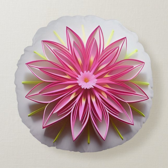 Intrikat Rosa Blommig Origami-design Rund Kudde (Framsidan)