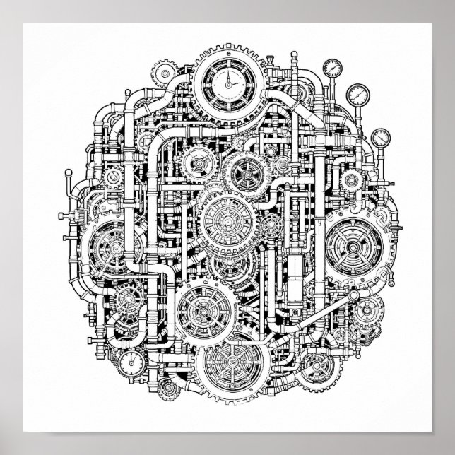 Intrikat Steampunk-decoupagemall Linjekonst Poster (Framsidan)