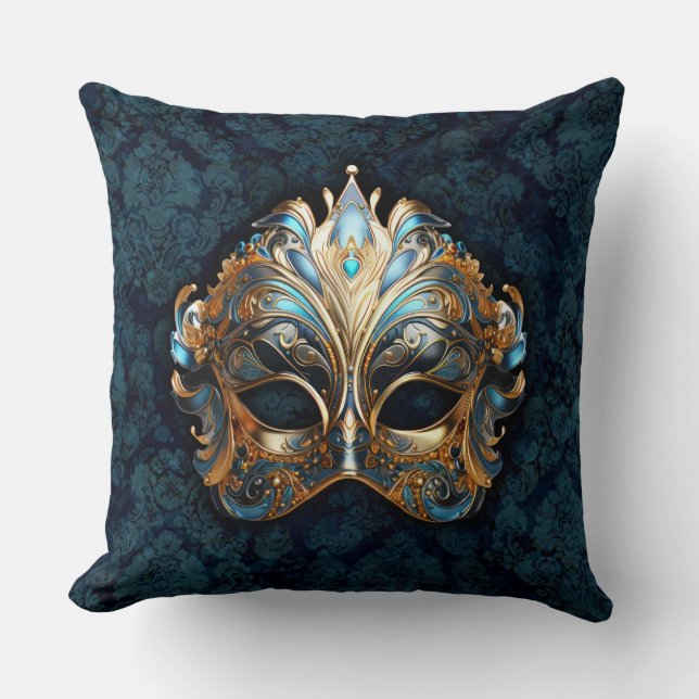 Intrikat teal och gyllene mask kudde (Framsida)