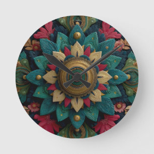 Intrikat texturerat blommande mandala i teal och g rund klocka