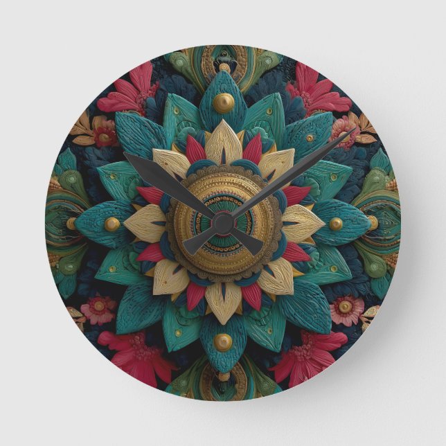 Intrikat texturerat blommande mandala i teal och g rund klocka (Framsida)