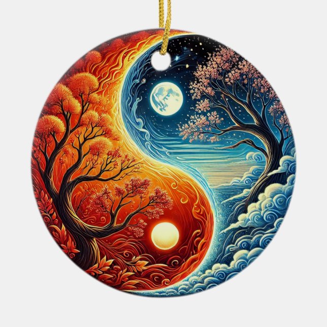 Intrikat Yin-Yang-symbol som visar eld, vatten Julgransprydnad Keramik (Framsidan)