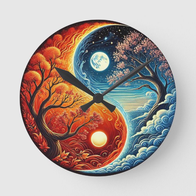 Intrikat Yin-Yang-symbol som visar eld, vatten Rund Klocka (Framsida)