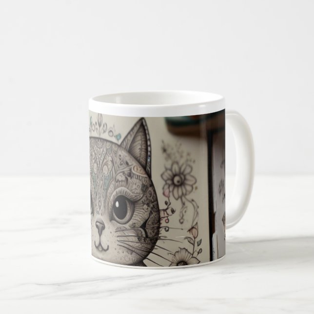 Intrikat Zen Katt Mandala Illustrerad Kaffe Mugg (Framsida höger)