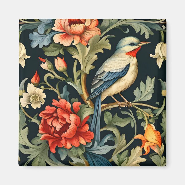 Intrikera Blommigt med fågel Magnet (Framsidan)