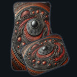 Intrikera ej täckta aliensymboler bilmatta<br><div class="desc">Ett annat världscirkulärt mönster fångar med sina utförliga motiv för främmande människor. Spiralformer är sammanflätade med glansigt svarta eller levande rödaktiga accenter.</div>